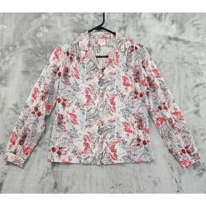 Vintage 70s Graff Floral Long Sleeve Button Front Top Size 10 Red Gray Polyester
